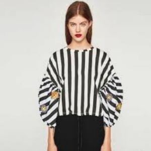 Zara Crop Top Puff Sleeve‎ Striped Embroidered